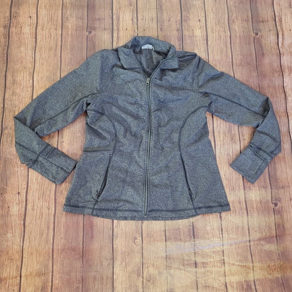 Athleta Jacket Womens M Heather Gray Full Zip Zippered Pockets Mitten‎ Sleeves